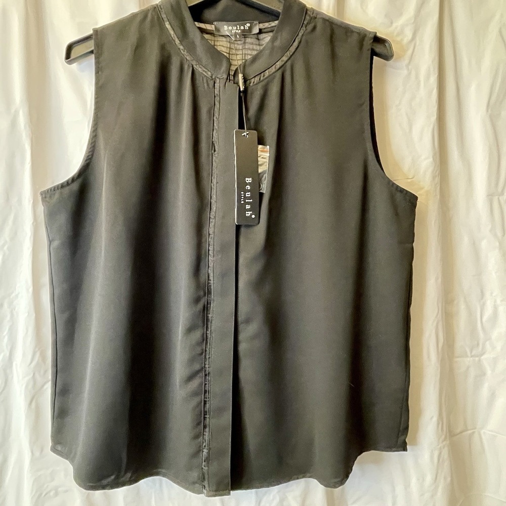 Beulah Style NWT Women Sz L Top Modern Career Chic Mandarin Collar Sheer Details